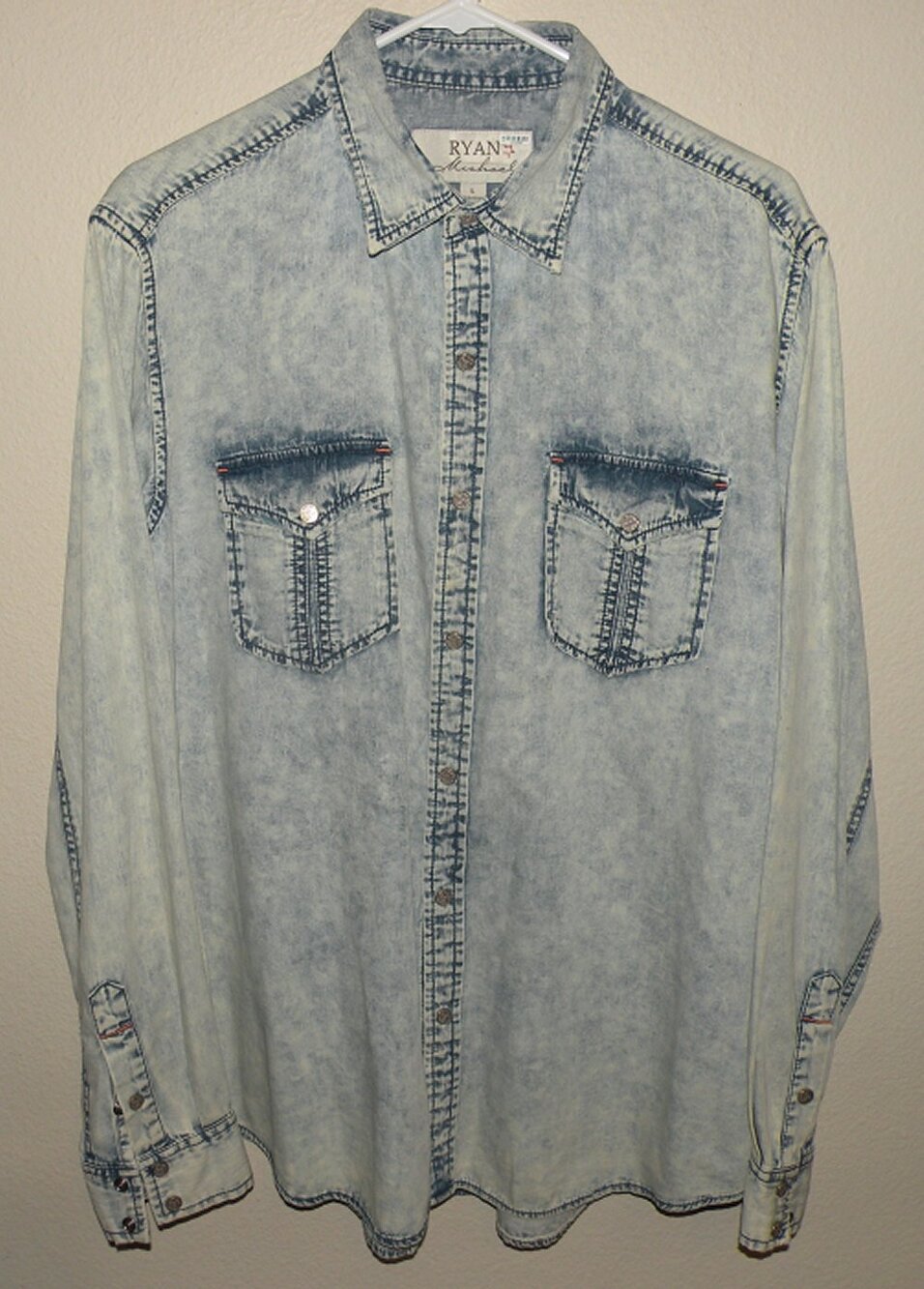 Ryan Michael Men’s Large LS Snap Shirt Faded Blue Denim Look Cotton/Silk/Linen